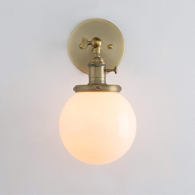 PERMO Vintage Wall Sconce Lighting Fixture with 5.9" Round Globe Milk White Glass Hand Blown Shade Hardwired Wall sconces with Switch (Antique Brass)