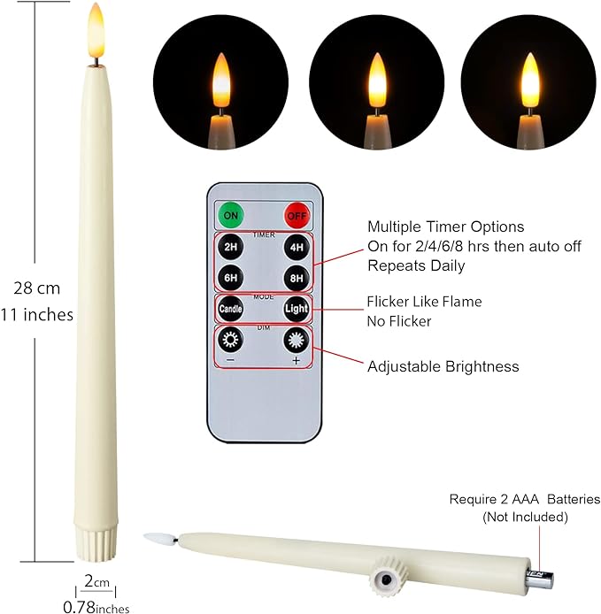 Homemory 11 inches Waxy Flameless Taper Candles with Remote Timer Dimmer, 6 Pcs Battery Operated Taper Candles with Flickering Flame, Ivory LED Candlesticks for Wedding, Christmas Indoor Decoration