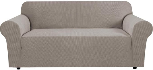 H.VERSAILTEX Stretch Sofa Covers for 3 Cushion Couch Slip Covers for Sofas/Couches Feature Thick Checked Jacquard Fabric with Elastic Bottom, Sofa Large - Taupe