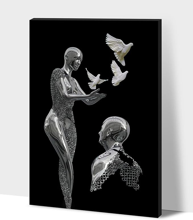 HIPOCAPO 3D Metal Effect Wall Art - Canvas Art, Decor for Living Room, Framed Romantic Couple Put Pigeons pictures bedroom 24”x36”x1Pcs 3d Art-24