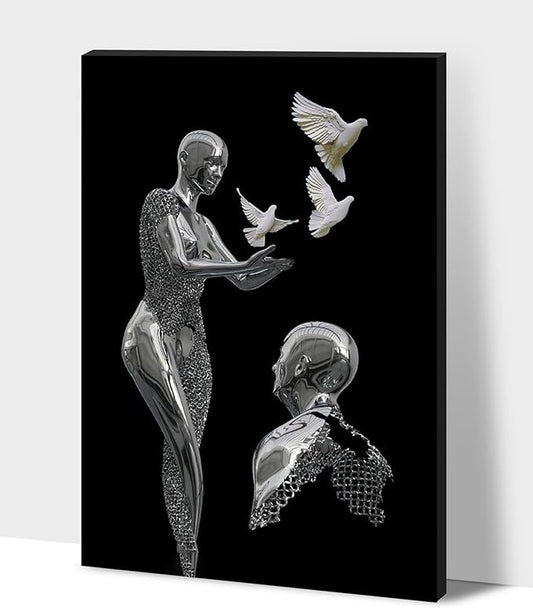 HIPOCAPO 3D Metal Effect Wall Art - Canvas Art, Decor for Modern Living Room, Framed Romantic Couple Put Pigeons pictures bedroom 12''x18''x1Pcs 3d Art-24