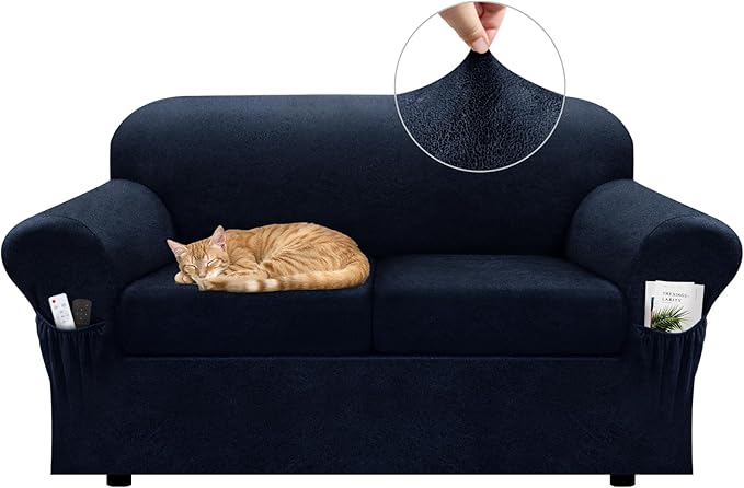Loveseat Slipcover with Armrest Pockets 3-Piece Set, Stretch Faux Leather Love Seat Covers for 2-Cushion Couches(Fits 58-66") - Non-Slip, Machine Washable, Pet & Kid Friendly - Navy
