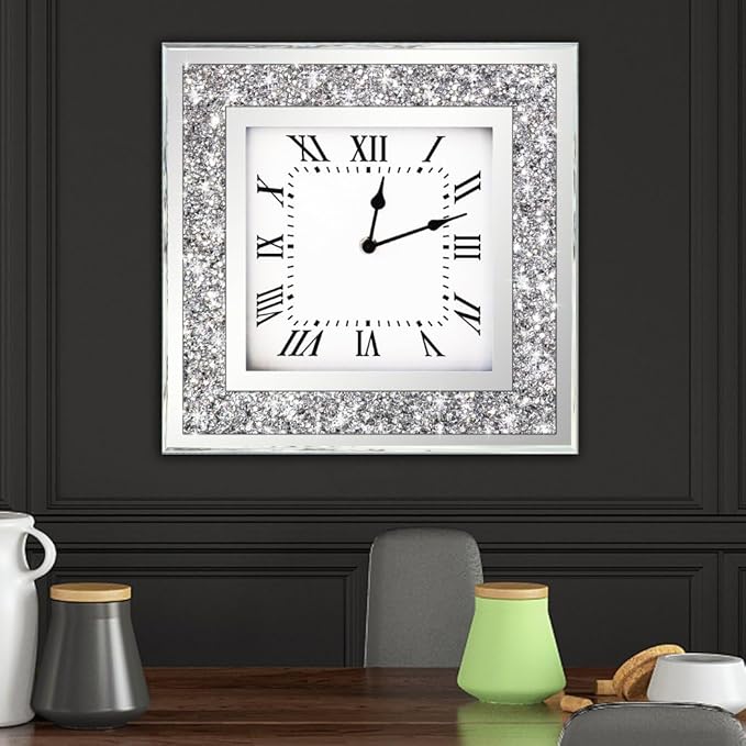 Crystal Crush Diamond Mirrored Square Wall Clock with Sparkle Twinkle Bling Diamond Decor for Wall Decoration, 12x12inch Decorative Silver Mirror Quartz Clock for Home Decor. AA Battery not included