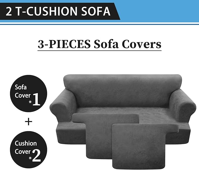 3-Pieces T Cushion Sofa Slipcovers - Leather Look Couch Cover for 2 Cushion Couch - Furniture Protector Stretch Sofa Cover With 2 Individual Seat Covers, Washable, Grey