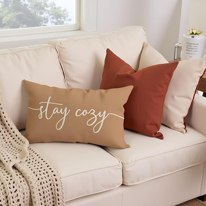 PANDICORN Warm Taupe Pillow Cover 12x20 Inch, Stay Cozy Decorative Lumbar Cushion Case for Couch Sofa Bed, Rustic Fall Farmhouse Living Room or Porch Bench Decorations
