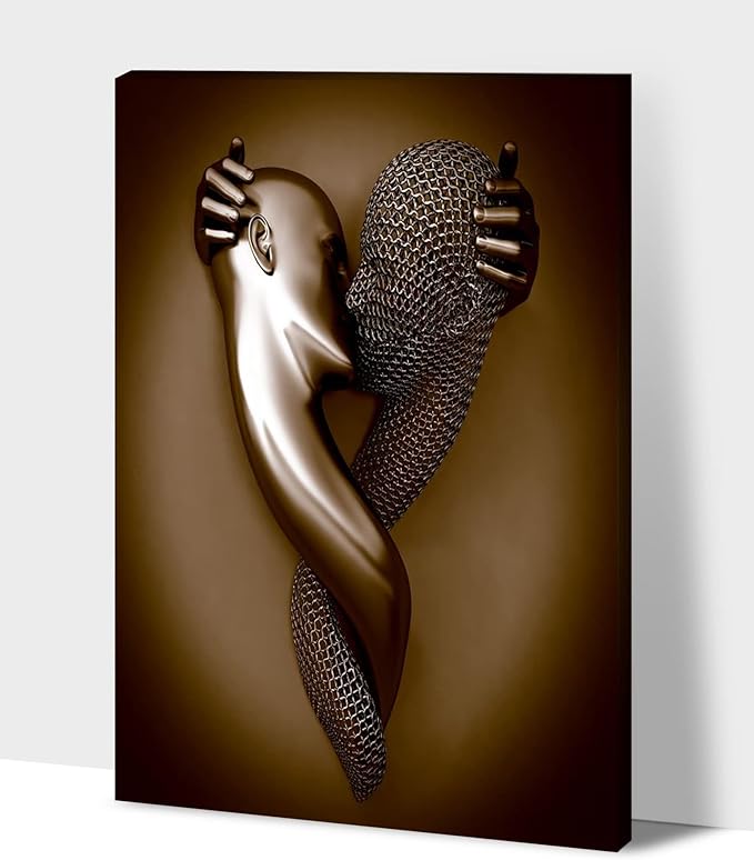 3D Metal Effect Wall Art - 3D Metal Art Wall, Modern Abstract Hug Lovers Painting Picture Poster Prints for Bathroom, Romantic Couple Living Room Canvas Wall Art Framed 18”x24”x1Pcs