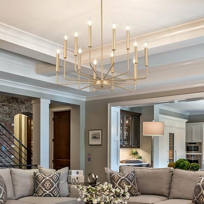 Modern Farmhouse Gold Chandelier, 12-Light Rustic Candle Chandelier, Industrial Hanging Chandeliers for Dining Room, Kitchen, Foyer, Entryway, Living Room
