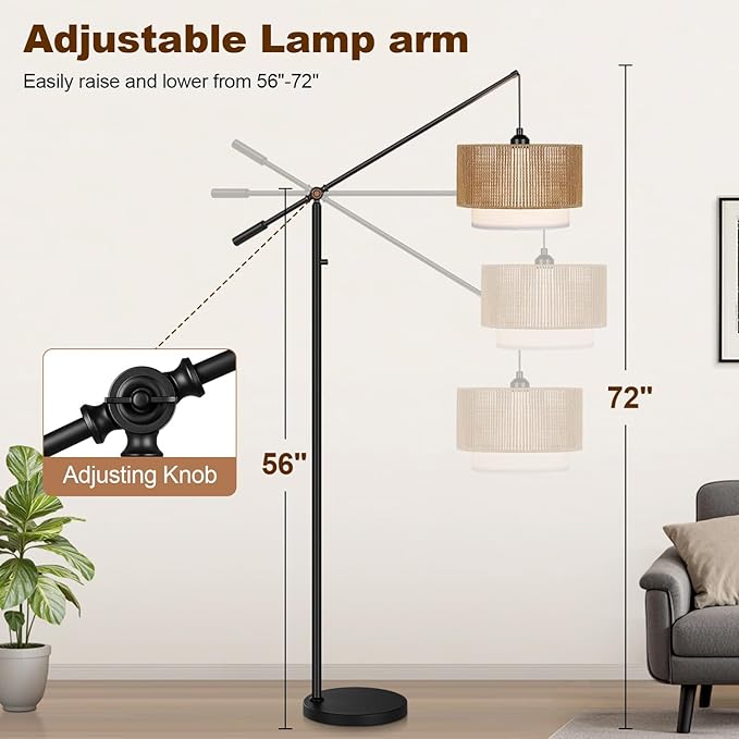 【Upgraded】Arc Floor Lamp for Living Room, Boho Dimmable Swing Arm Floor Lamp with Rattan & Fabric Shades, Black Rattan Standing Lamp with 11W Bulb, Farmhouse Adjustable Tall Lamp for Bedroom Office