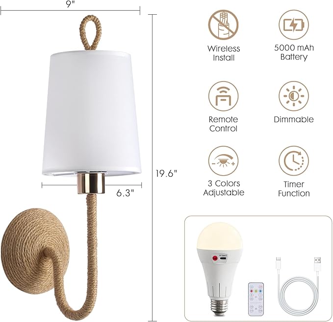 Set of 2 Boho Wall Sconce Lamps – Wireless Cordless LED Wall Lights with Remote, Rechargeable 5000mAh Battery Operated Rattan Gold Light Fixtures for Bedroom, Living Room, Bathroom, or Bedside