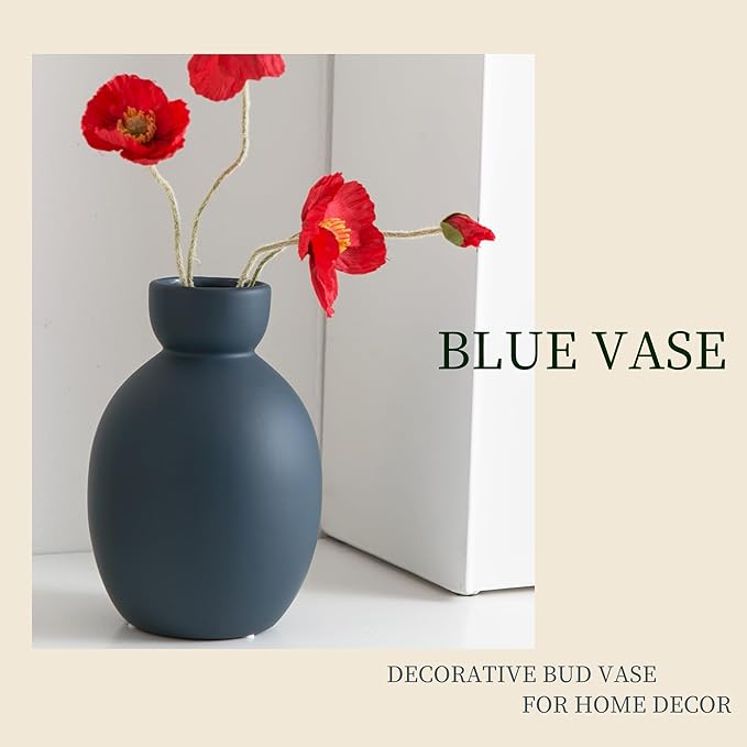 Blue Ceramic Vase, Small Modern Decorative Terracotta Flower Vases for Table, Living Room, Shelf, Bookshelf and Entryway Decor