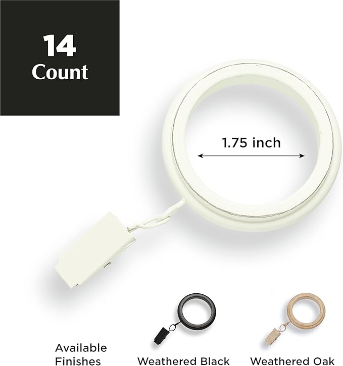 MODE Farmhouse Collection Beveled Curtain Clip Rings, Set of 14 Curtain Rings with Clips, Fits MODE Farmhouse Curtain Rod Sets, 1 3/4”, Weathered White