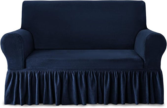 NICEEC Loveseat Cover Thick Plush 1-Piece Warm Navy Blue Slipcover for Loveseats Stretch Fluffy Couch Covers for Living Room Easy Fit Washable Soft Furniture Sofa Protector with Skirt