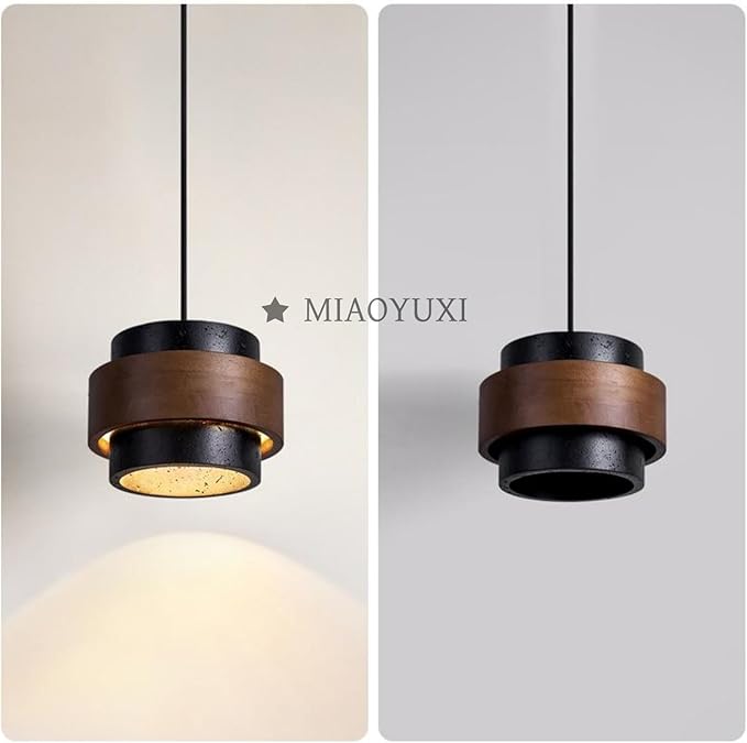 Wabi-Sabi Travertine Stone Wood Chandelier - Japandi Minimalist 1-4-Light Pendant Light for Dining Room, Kitchen Island, Bedroom(Black Travertine,1-Head)