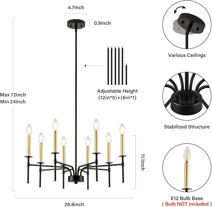 Modern Dining Room Light Fixture 8-Light, Black and Gold Farmhouse Chandelier, Metal Candle Chandeliers for Dining Room, Kitchen, Living Room, Bedroom, Foyer, Staircase, Entryway