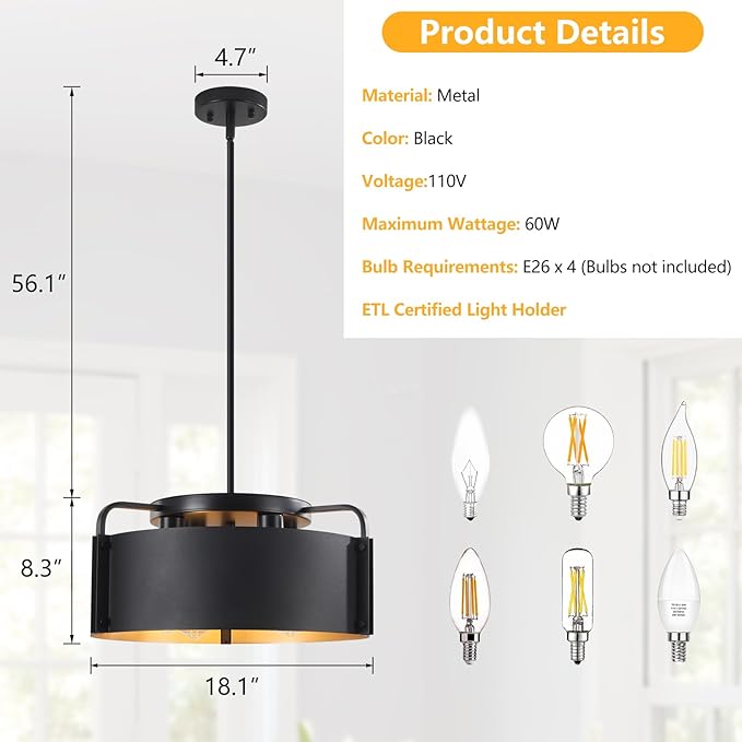 Chandelier, 4-Light Industrial Drum Chandeliers Matte Black Dining Room Light Fixture Flush Mount Pendant Light 18" for Foyer Entryway Kitchen Hallway Bedroom, E26 Base(Not Included Bulb)