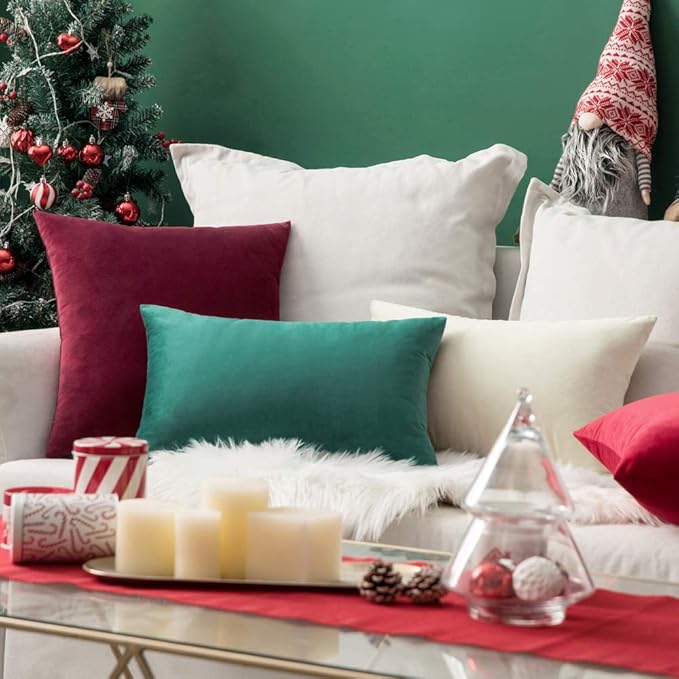 MIULEE Pack of 2 Velvet Soft Solid Decorative Square Throw Pillow Covers Set Christmas Cushion Case for Spring Couch Sofa Bedroom Car 12x20 Inch 30x50 cm Cream White