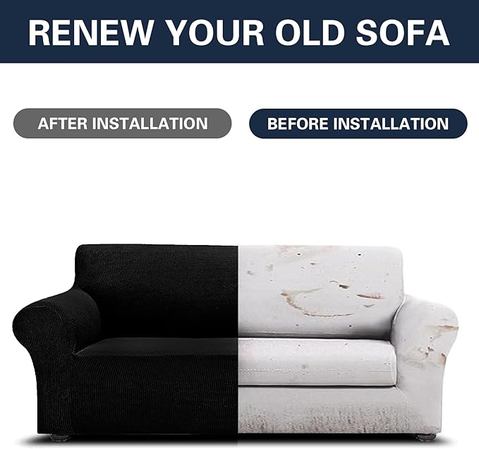 Cupuamon 2025 New Stretch Sofa Slipcovers Couch Cover for 3 Cushion Furniture Protector Sofa Covers with Elastic Bottom Jacquard Fabric Small Checks for Pets, Kids -Sofa, Black