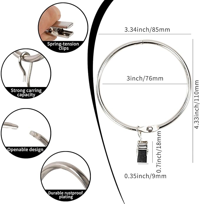 Openable Curtain Rings with Clips,3inch Inner Diameter,Heavy Duty Rustproof Metal Decorative Vintage Drapery Rings Curtain Clips Rod Hangers Door Curtain and Shower Curtain Rings Silver Zocang