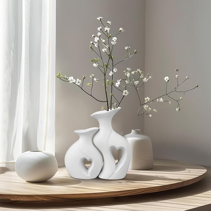 Heart Ceramic Vase Set of 2, White Flower Vases for Lovers, Modern Minimalist Vases for Home Decor or Gift
