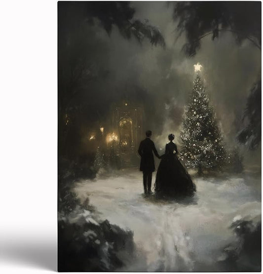 Victorian Christmas Tree Art Prints,Romantic Winter Couple,Moody Christmas Print,Dark Holidays Cottagecore Decor