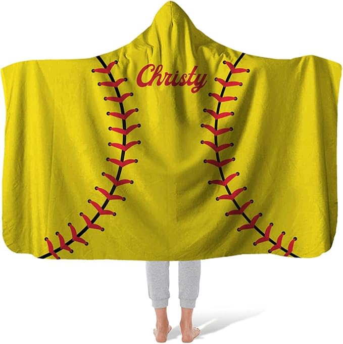 Personalized Softball Hooded Blanket Game Day Custom Hooded Fleece Blanket with Name Softball Wearable Throw Blanket University Team Blanket Gift for Sports Fans Kids Adult Graduation, Yellow