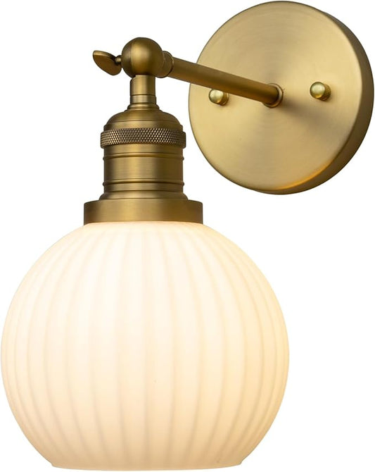 PERMO Vintage Wall Sconce Bedroom Sconce Globe Vanity Wall Light Milk White Glass Shade Wall Light Lamp Fixture (Antique Gold)