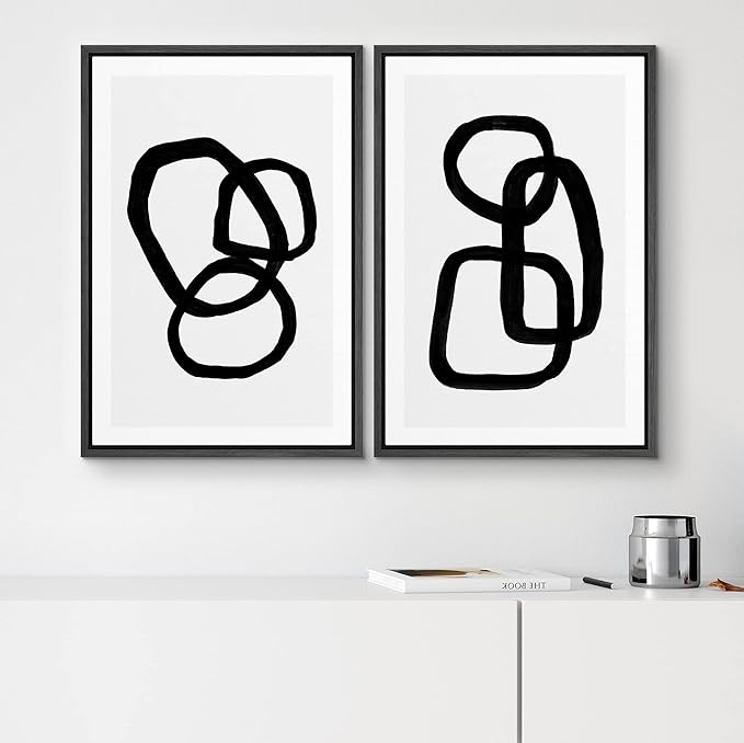 SIGNWIN Framed Canvas Print Wall Art Set Mid-Century Geometric Ring Collage Abstract Shapes Illustrations Modern Art Minimal Boho Relax/Calm for Living Room, Bedroom, Office - 16"x24"x2 Black