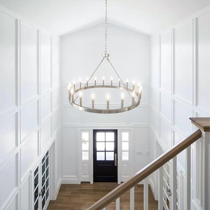 Silver Wagon Wheel Chandelier 40”, Farmhouse Brushed Nickel Chandelier for Dining Room 20-Light, Modern Round Living Room Chandeliers Light Fixture for Foyer, Entryway, E12