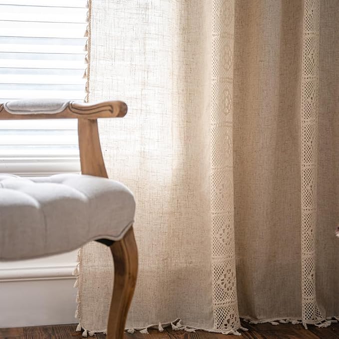 OYX Boho Curtains 63 Inch Length 2 Panels for Living Room, Bedroom Light Filtering Drapes, Farmhouse Vintage Country French Rustic Tassels Pattern Rod Pocket Aesthetic Decor Window Treatments