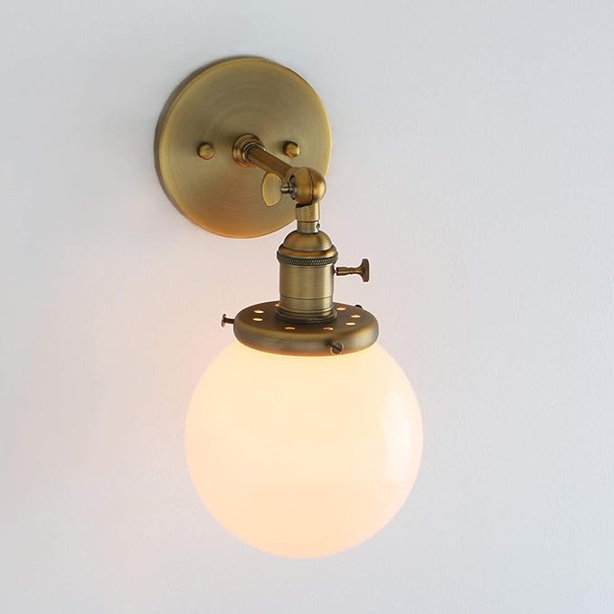 PERMO Vintage Wall Sconce Lighting Fixture with 5.9" Round Globe Milk White Glass Hand Blown Shade Hardwired Wall sconces with Switch (Antique Brass)