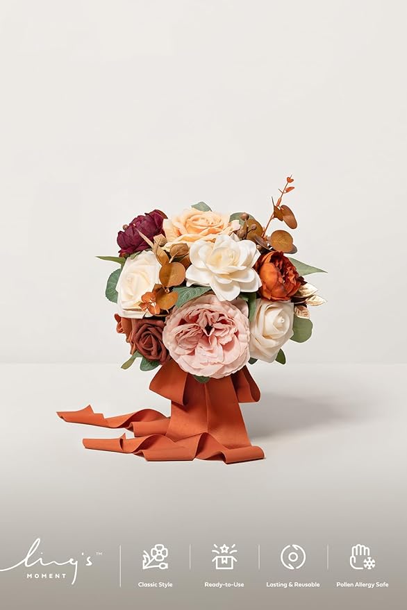 Ling's moment Terracotta Bridesmaid Bouquet Burnt Orange Wedding Bouquets for Bridesmaids 7 Inch Bridal Bouquets for Bridesmaids Rust Wedding Decor Ceremony Anniversary Homecoming