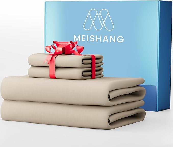 MEISHANG 1000 Thread Count Cotton Sheets California King - 100% Egyptian Cotton, Sateen Weave, Soft & Breathable, Oeko-Tex Certified, 16" Deep Pockets - 4 Piece (Cal King, Linen)