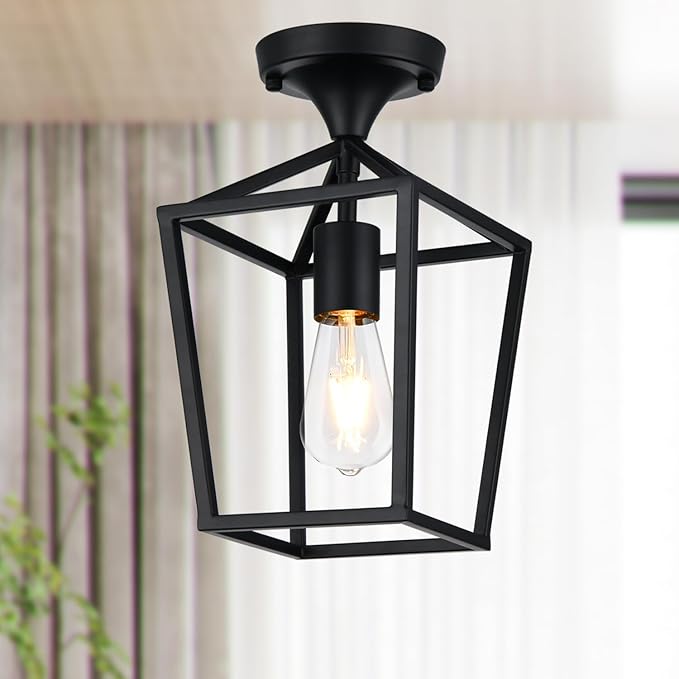 【Upgraded】Semi Flush Mount Ceiling Light, Black Industrial Ceiling Light Fixtures, Farmhouse Light Fixture for Hallway Stairway Garage Living Room Dining Room Balcony（Not waterproof, Not for Outdoor）