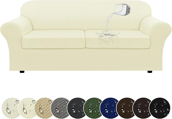 100% WaterproofCouch Cover 3-Piece Set Striped Sofa Slipcovers for 2 Cushion Couch Sofa Covers with TPU Leakproof Bottom Stretch Couch Protector Pet Proof - Sofa(2-Cushion), Beige