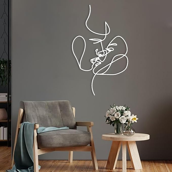 2 Faces Love Line Wall Art, Minimalist Woman Face Art,Metal Couple Face Line Wall Art,Couple Metal Wall Decor Sign, Livingroom Wall Hanging Gift (39.37 x 24.4” / 100 x 62 cm, Silver)