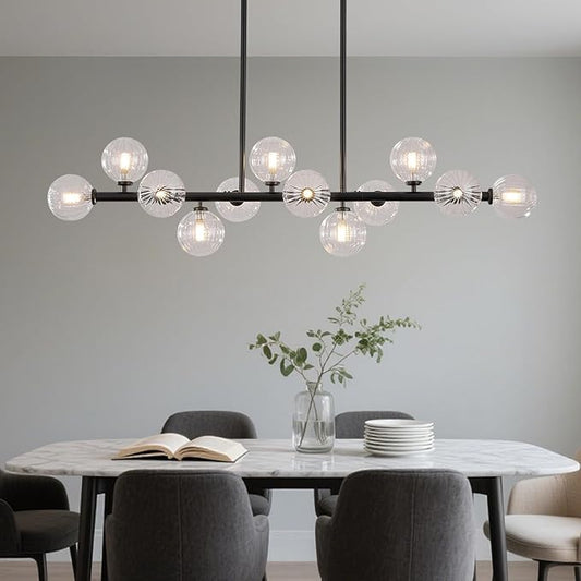 50 Inch Large Sputnik Globe Chandelier, 12-Light Mid Century Modern Light Fixture Over Table, Black Linear Chandeliers for Dining Room Kitchen Island Living (Clear Glass Bubble Shades)