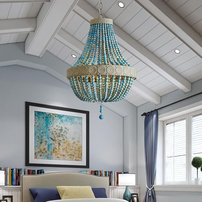 Saint Mossi Farmhouse Chandeliers, Vintage Design Wood Bead Pendant Light Fixture, D18 x H26, Adjustable 60" Chains, 4 x E12 Sockets, Rustic Blue Finish Bead & Dirt Grey Finish Metal Frame