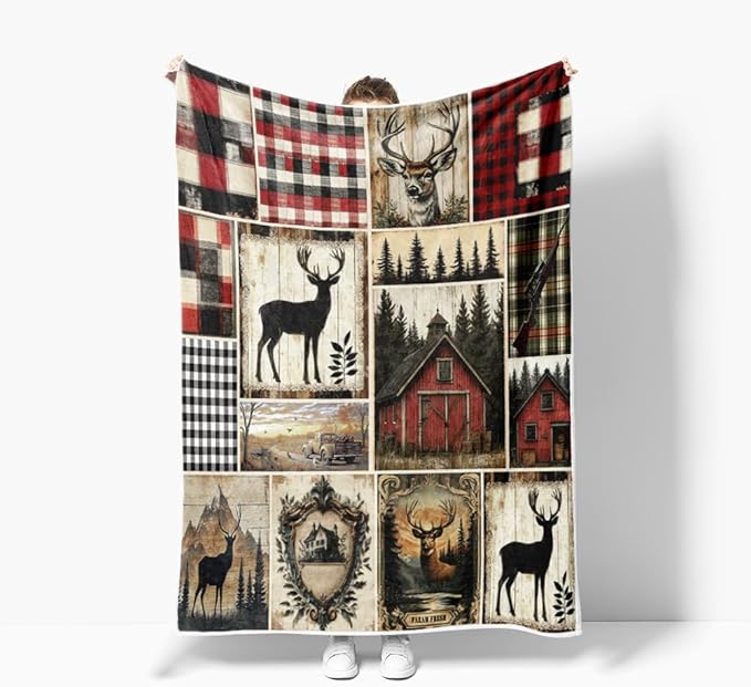 Rustic Cabin Throw Blankets, Farmhouse Animal Deer Cozy Warm Bed Couch Blanket, Plaid White Fleece Flannel Throws to Decorate The Room and Bedroom