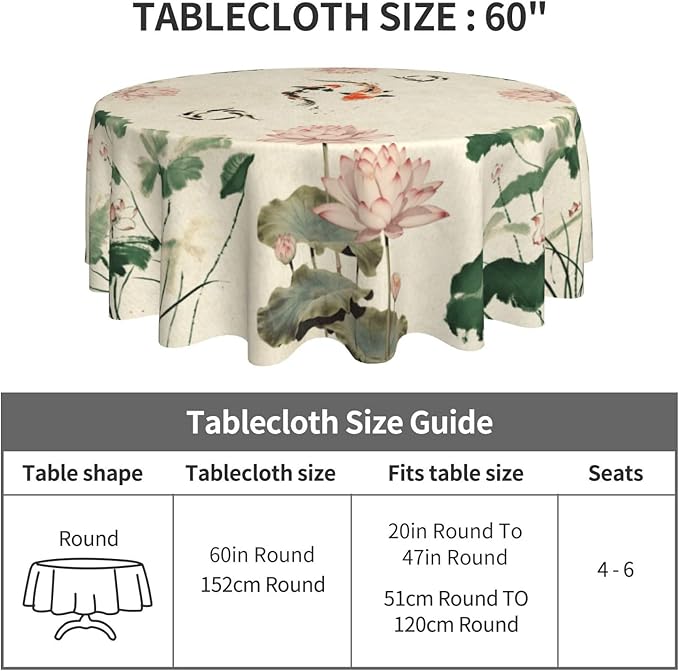 Chinese Tablecloth, Traditoanl Landscape Lotus Floral Oriental Koi Vintage Ink Painting Japanese Water Resisitant Table Cover for Dining Kitchen Living Room Home Party Holiday Decor 60 inch Round
