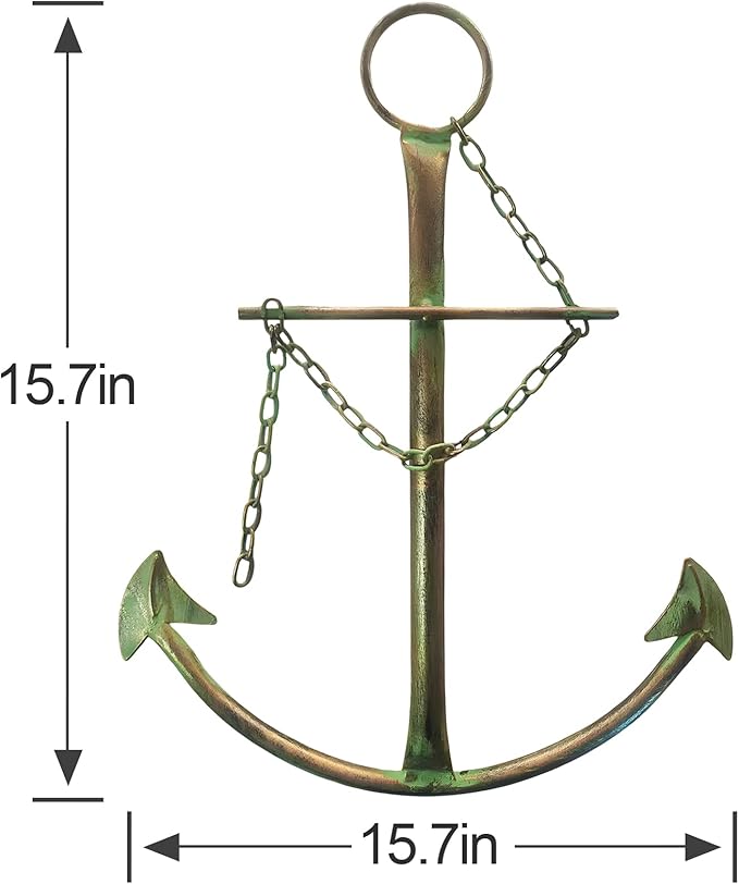 Nautical Anchor Wall Art, Metal Anchor With Chain for Bedroom, Living Room, Dorm, Home - 13" Green