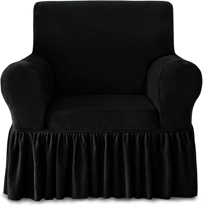 NICEEC Armchair Cover Thick Plush 1-Piece Warm Black Armchair Slipcover Stretch Fluffy Couch Covers for Living Room Easy Fit Washable Soft Furniture Sofa Protector with Skirt