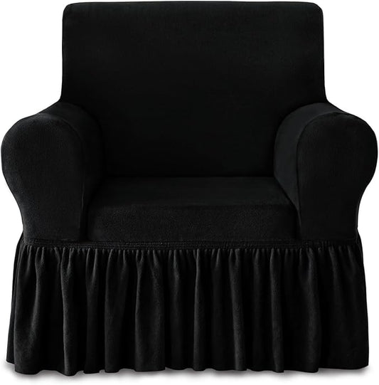 NICEEC Armchair Cover Thick Plush 1-Piece Warm Black Armchair Slipcover Stretch Fluffy Couch Covers for Living Room Easy Fit Washable Soft Furniture Sofa Protector with Skirt