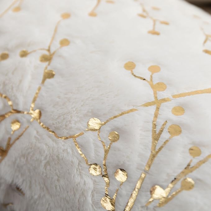 LIGICKY Set of 2 Fluffy White Faux Fur Pillow Covers Gold Branches Glitter Throw Pillows Decorative Soft Furry Sparkling Square Cushion Cases for Sofa Bedroom Party Fall Autumn Décor 24x24inch