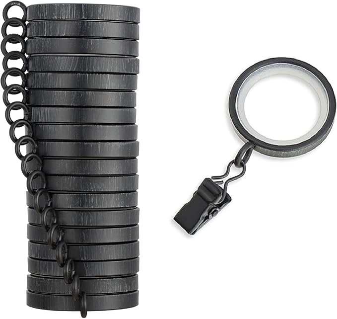 MODE Cambria Designer Series - Premium Easy Glide 18 Count Small Curtain Rings - Metal with Nylon Inserts and Clips - 1 inch Inner Diameter - use for rods 5/8" or Smaller - Weathered Black