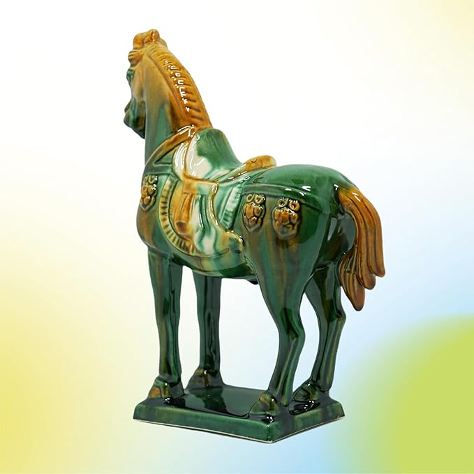Handmade -Tang Dynasty Tri-Color Horse Sculpture Wemings Ceramic Horse-19cm Cultural Art Piece for Home,Bookcase or Office Decor (Green)