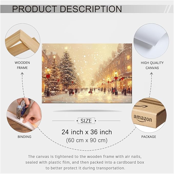 Winter Christmas Landscape Wall Art Fashion Snowscape Poster Vintage Cozy Scenic Canvas Prints 24x36 inch Framed for Living Room Office Wall Decor