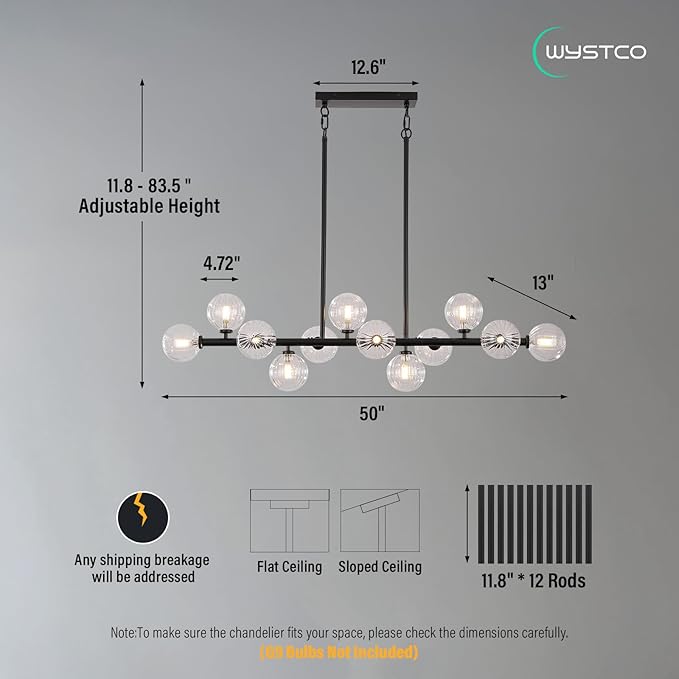 50 Inch Large Sputnik Globe Chandelier, 12-Light Mid Century Modern Light Fixture Over Table, Black Linear Chandeliers for Dining Room Kitchen Island Living (Clear Glass Bubble Shades)