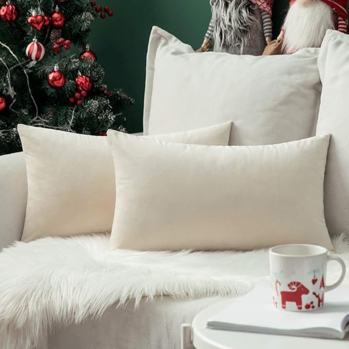 MIULEE Pack of 2 Velvet Soft Solid Decorative Square Throw Pillow Covers Set Christmas Cushion Case for Spring Couch Sofa Bedroom Car 12x20 Inch 30x50 cm Cream White