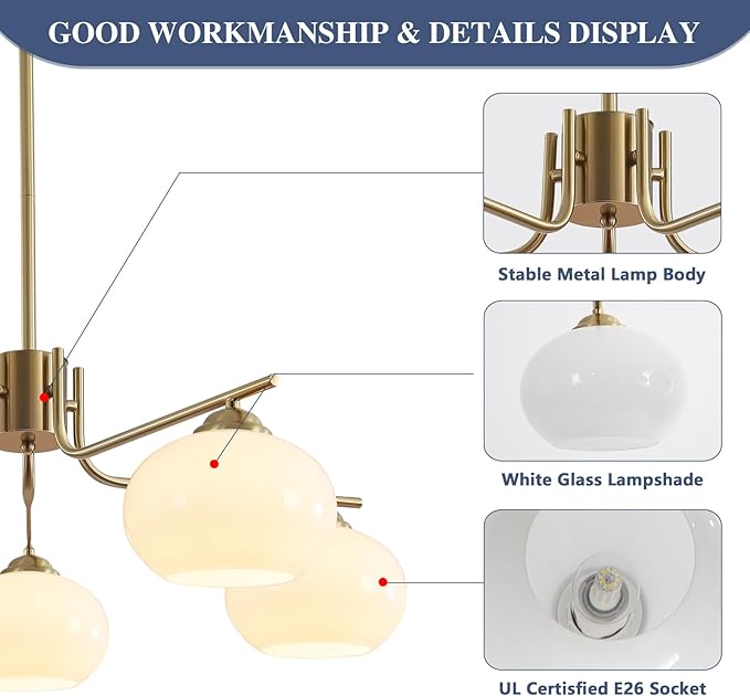 KCO Lighting 5-Light Globe Flush Mount Sputnik Chandelier Modern Brass Gold Pendant Lighting Fixture Milk Glass Ball Kitchen Island Chandelier Dining Room Light Fixture