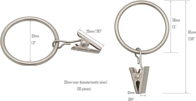 LBY 30 Pack Curtain Rings with Clips, 33mm(1.3'') Interior Diameter Metal Curtain Rings, for Hanging Drapery Drapes Bows, Matte Silver